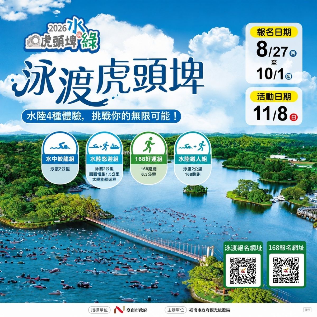 臺南市政府觀光旅遊局11月8日辦理「2026虎頭埤水與綠-泳渡虎頭埤」活動
