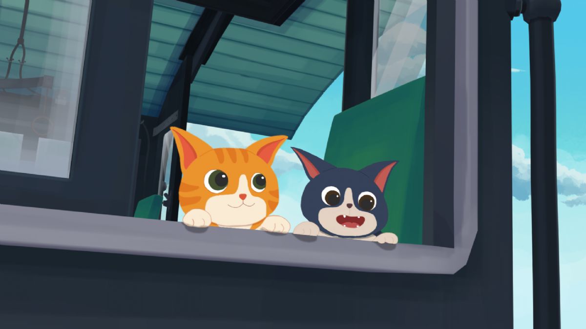 兩隻小貓趁貓媽媽不注意時，偷偷跑到蒸汽機關車上面玩。
